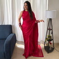 Raspberry Pink Satin Pre draped Saree Set