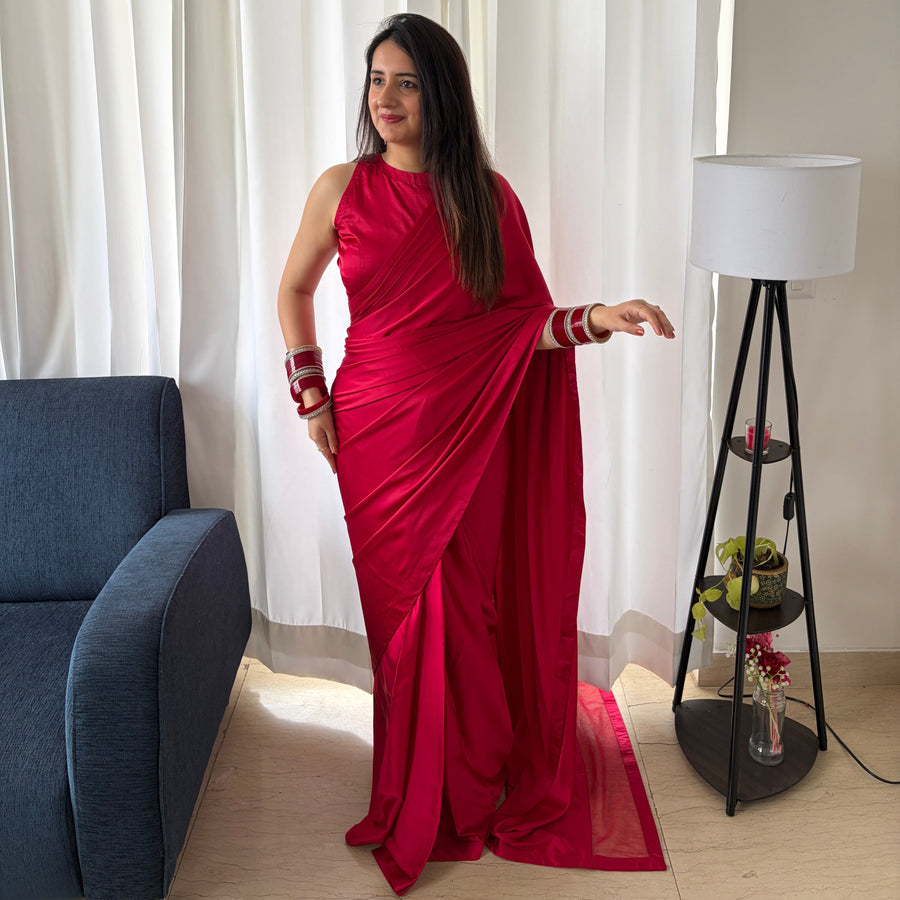 Raspberry Pink Satin Pre draped Saree Set