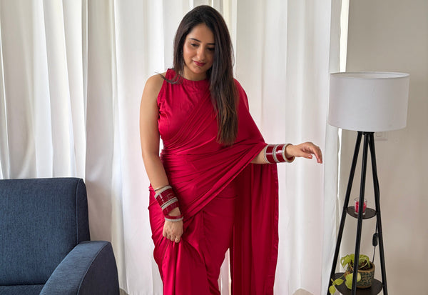 Raspberry Pink Satin Pre draped Saree Set