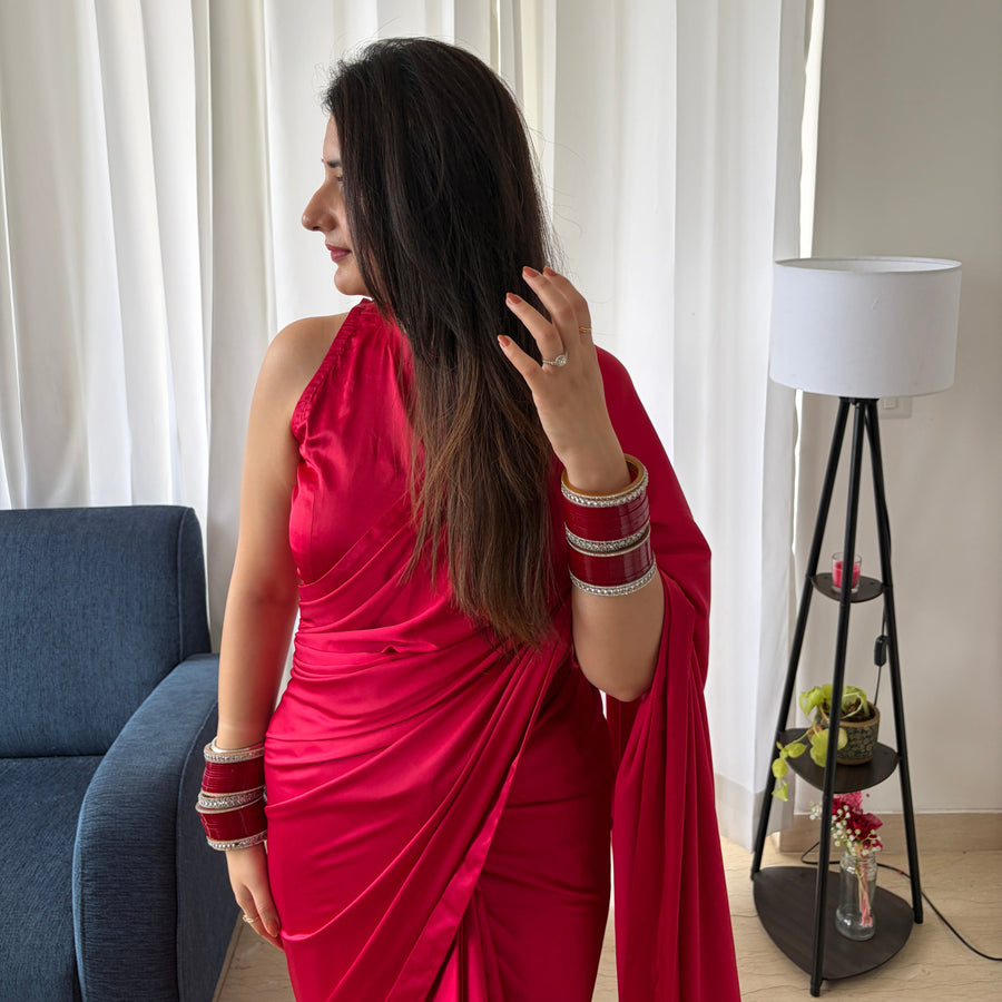 Raspberry Pink Satin Pre draped Saree Set