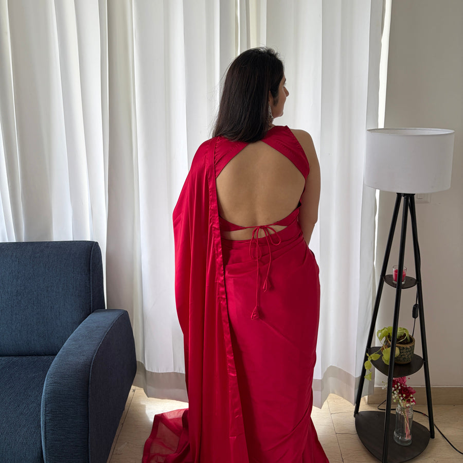 Raspberry Pink Satin Pre draped Saree Set
