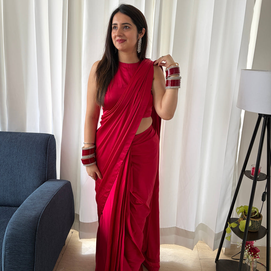 Raspberry Pink Satin Pre draped Saree Set