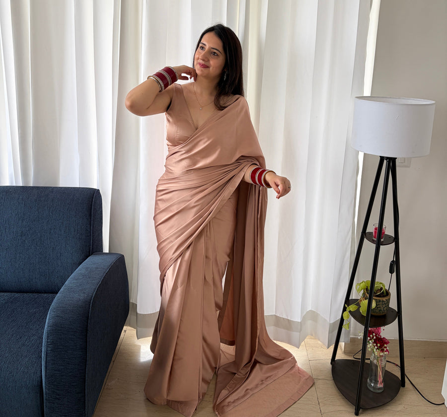 Dusty Rose Satin Pre draped Saree Set