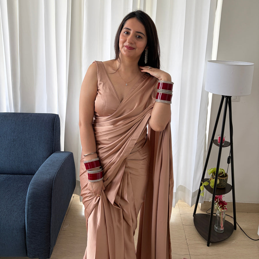 Dusty Rose Satin Pre draped Saree Set