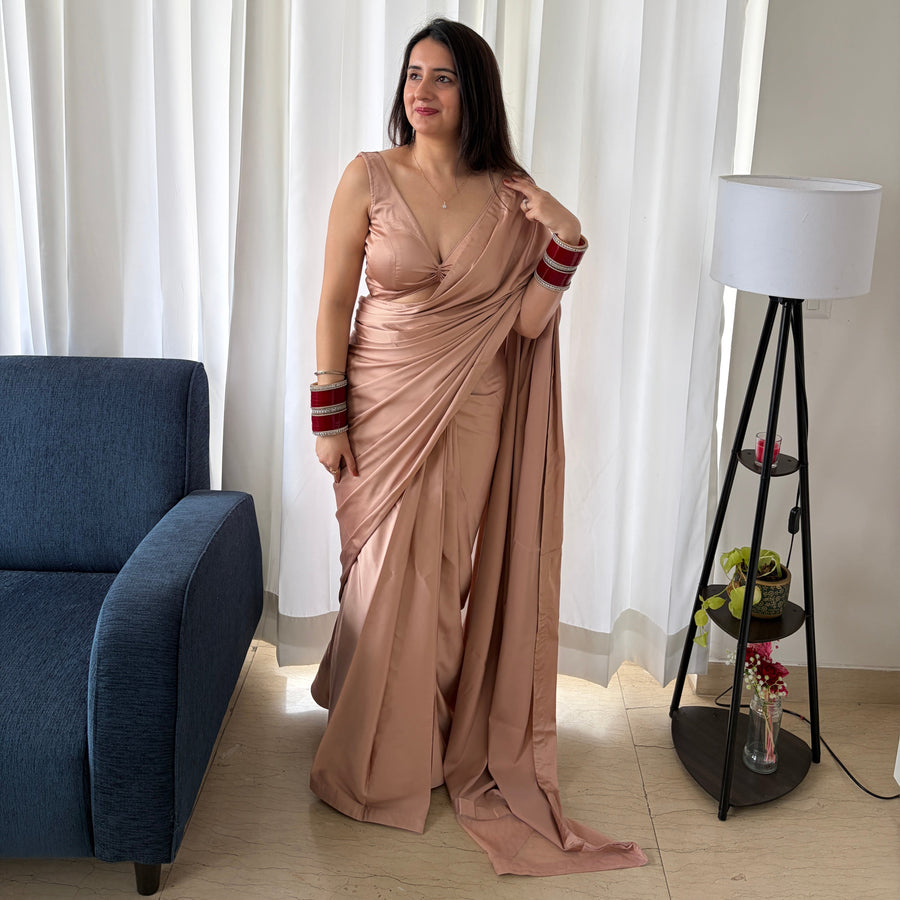 Dusty Rose Satin Pre draped Saree Set